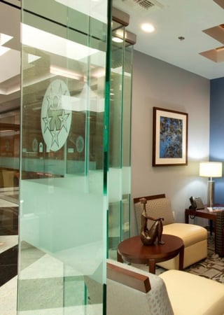 Partition featuring a Frosted Glass Logos Design Sandblast Etched Glass Eisenhower Hospital (similar look) Design by Sans Soucie