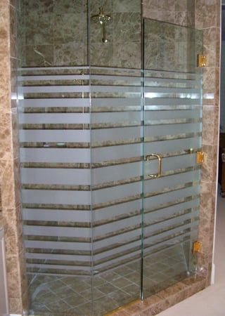 Shower Enclosure with a sandblast Frosted Glass Geometric Design Custom-Designed Decorative Etched Glass