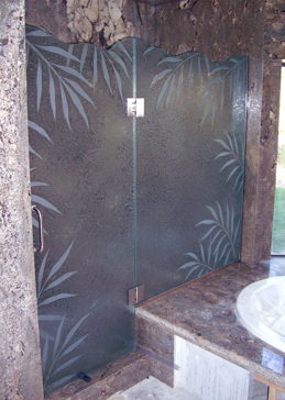 Custom-Designed Decorative Shower Enclosure with Sandblast Etched Glass by Sans Soucie Art Glass Handcrafted by Glass Artists