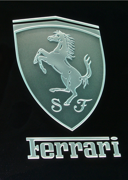 Handmade Sandblasted Frosted Glass Glass Sign for Semi-Private Featuring a Logos Design Ferrari (similar look) by Sans Soucie