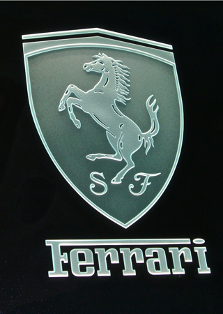 Glass Sign featuring a Frosted Glass Logos Design Sandblast Etched Glass Ferrari (similar look) Design by Sans Soucie
