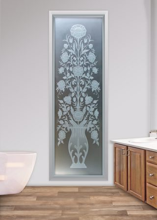Window with a sandblast Frosted Glass Floral Design Custom-Designed Decorative Etched Glass