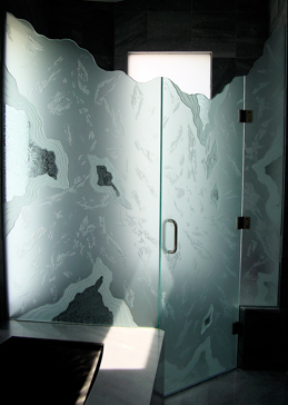 Private Shower Enclosure with Sandblast Etched Glass Art by Sans Soucie Featuring Glacier Abstract Design