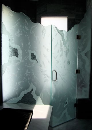 Shower Enclosure showcasing a Frosted Glass Abstract Design with Sandblast Etched Glass Art by Sans Soucie Glacier Design