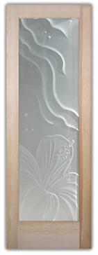 Private Interior Door with Sandblast Etched Glass Art by Sans Soucie Featuring Hibiscus Ripples Tropical Design