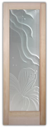 Pantry Door showcasing a Frosted Glass Tropical Design with Sandblast Etched Glass Art by Sans Soucie Hibiscus Ripples Design