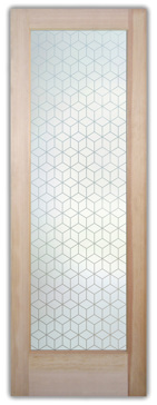 Art Glass Front Door Featuring Sandblast Frosted Glass by Sans Soucie for Private with Geometric Illusion Cubes Design