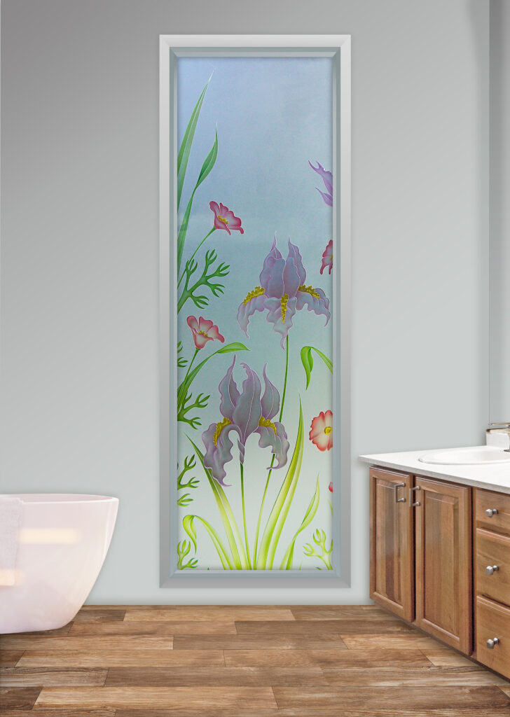 Bathroom window with carved, shaded, and painted Iris Poppy design