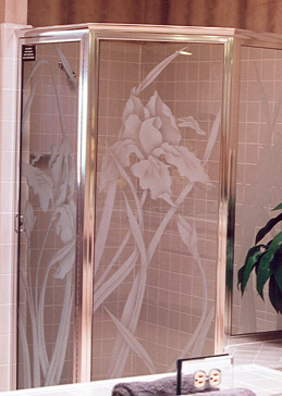Shower Enclosure with a Frosted Glass Iris Floral Design for Semi-Private by Sans Soucie Art Glass