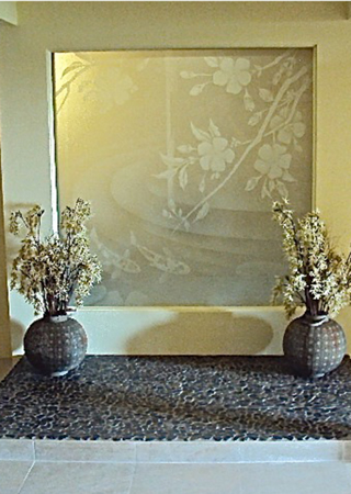 Window with Frosted Glass Asian Koi Blossom Design by Sans Soucie