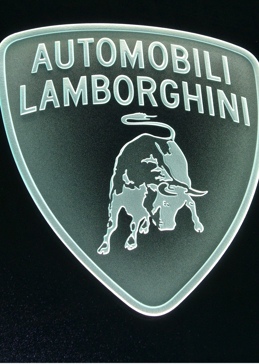 Glass Sign with a Frosted Glass Lamborghini (similar look) Logos Design for Semi-Private by Sans Soucie Art Glass