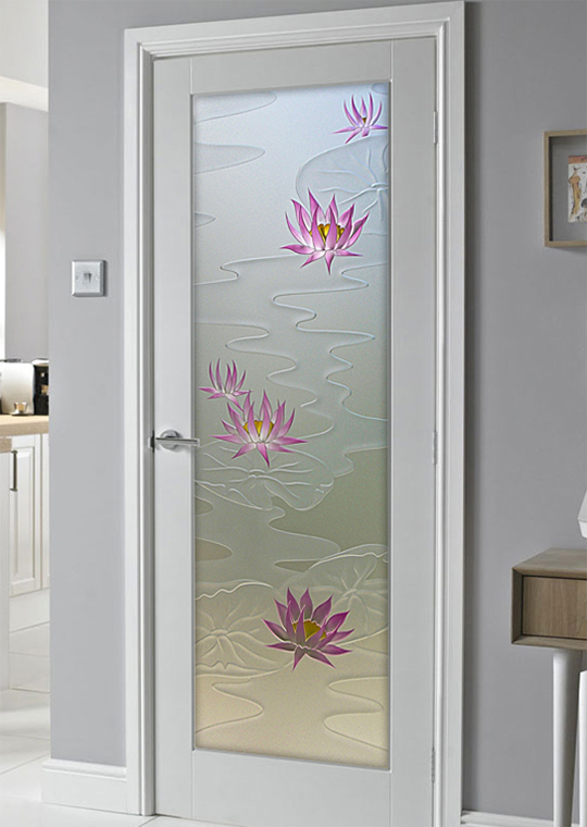 Etched Glass Door with a Lotus Flower design