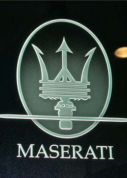 Art Glass Glass Sign Featuring Sandblast Frosted Glass by Sans Soucie for Semi-Private with Logos Maserati (similar look) Design