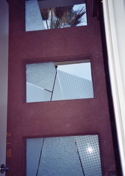 Semi-Private Window with Sandblast Etched Glass Art by Sans Soucie Featuring Matrix Angles Abstract Design