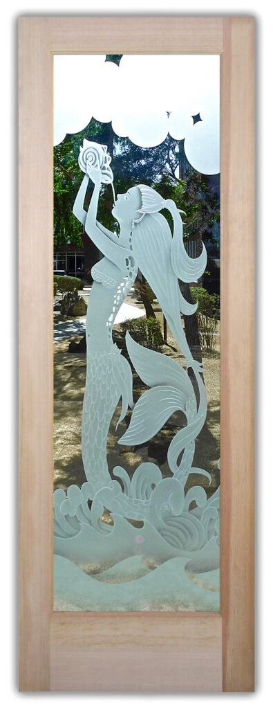 Etched glass interior door with detailed mermaid and ocean waves design on clear glass, coastal style decorative panel