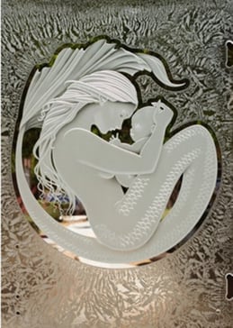 Handmade Sandblasted Frosted Glass Shower Door for Semi-Private Featuring a Oceanic Design Mermaid and Child by Sans Soucie