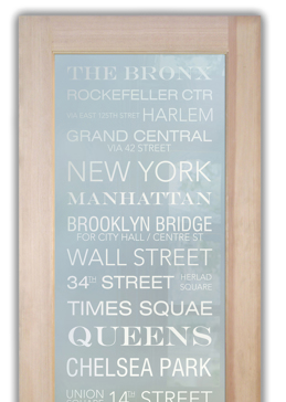 Bathroom Door with a Frosted Glass NYC Sayings Design for Private by Sans Soucie Art Glass