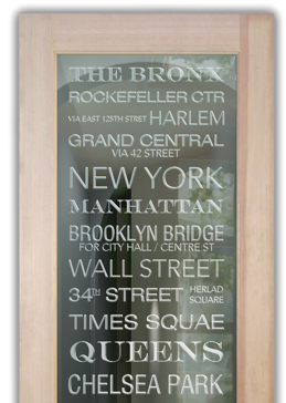Bathroom Door with a Frosted Glass NYC Sayings Design for Not Private by Sans Soucie Art Glass