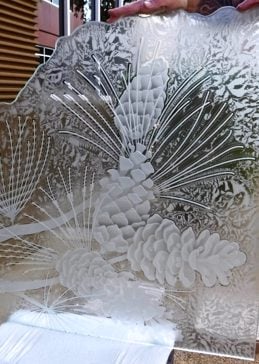 Art Glass Divider Featuring Sandblast Frosted Glass by Sans Soucie for Semi-Private with Foliage Pine Cones Design