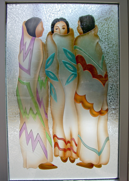 Handmade Sandblasted Frosted Glass Window for Semi-Private Featuring a Southwest Design Pow Wow by Sans Soucie