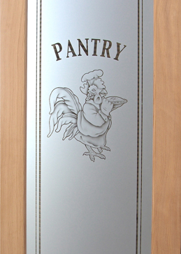 Handcrafted Etched Glass Pantry Door by Sans Soucie Art Glass with Custom Country Farmhouse Design Called Rooster Chef Creating Semi-Private