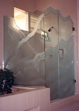 Semi-Private Shower Enclosure with Sandblast Etched Glass Art by Sans Soucie Featuring Rugged Retreat Abstract Design