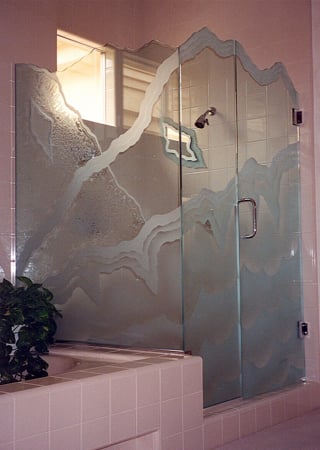 Shower Enclosure showcasing a Frosted Glass Abstract Design with Sandblast Etched Glass Art by Sans Soucie Rugged Retreat Design