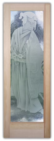 Interior Door featuring a Frosted Glass Asian Design Sandblast Etched Glass Samurai Design by Sans Soucie