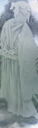 Door Glass Insert featuring a Frosted Glass Asian Design Sandblast Etched Glass Samurai Design by Sans Soucie