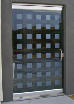 Handcrafted Etched Glass Exterior Glass Door by Sans Soucie Art Glass with Custom Geometric Design Called Squares Creating Not Private
