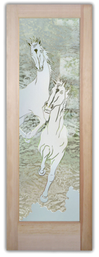 Handcrafted Etched Glass Front Door by Sans Soucie Art Glass with Custom Western Design Called Stallions Creating Semi-Private