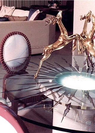 Glass Dining Table featuring a Frosted Glass Geometric Design Sandblast Etched Glass Sunburst  Design by Sans Soucie