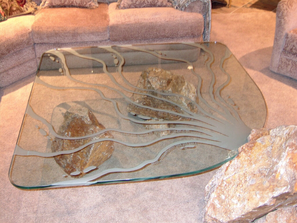 Cocktail Table (54" block size x 3/4" clear glass) CARVED.