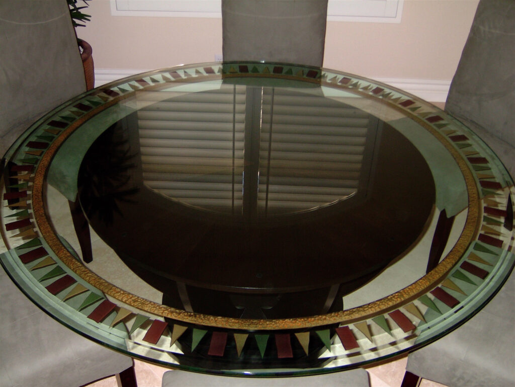 Decorative glass tabletop with frosted glass design edge Tri-Square Border by Sans Soucie Art Glass.