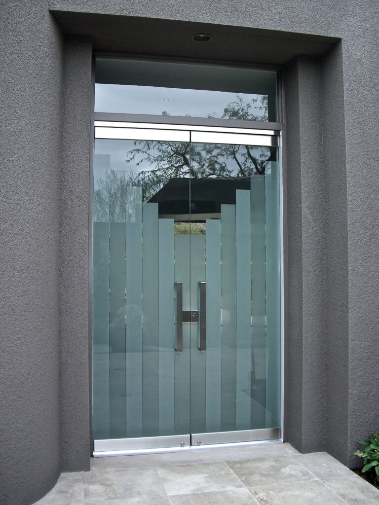 frameless glass front entry doors with modern frosted glass design towers design by sans soucie art glass