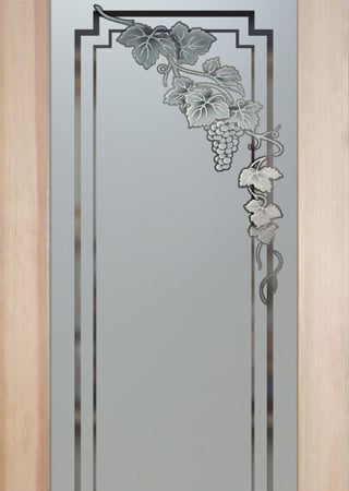 Pantry Door featuring Frosted Glass Design Etched Glass by Sans Soucie Art Glass with Custom Grapes & Ivy Design Vineyard Grapes Cascade