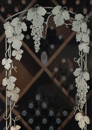 Wine Insert showcasing a Frosted Glass Grapes & Ivy Design with Sandblast Etched Glass Art by Sans Soucie Vineyard Grapes Trellis Pair Design