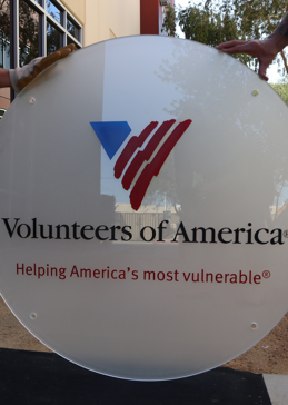Handmade Sandblasted Frosted Glass Glass Sign for Private Featuring a Logos Design Volunteers of America (similar look) by Sans Soucie