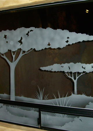Window with a sandblast Frosted Glass African Design Custom-Designed Decorative Etched Glass