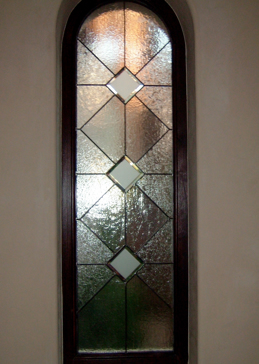 Handcrafted Etched Glass Window by Sans Soucie Art Glass with Custom Wrought Iron Design Called Acute Angles Creating Semi-Private
