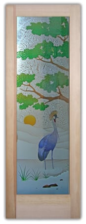 Interior Door featuring Frosted Glass Design Etched Glass by Sans Soucie Art Glass with Custom African Design African Crane