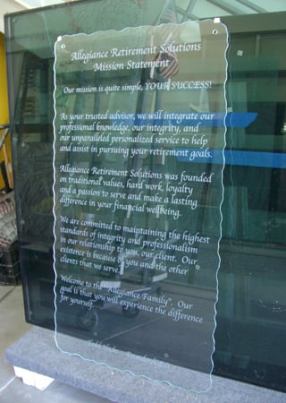Glass Sign featuring a Frosted Glass Logos Design Sandblast Etched Glass Allegiance Retirement (similar look) Design by Sans Soucie