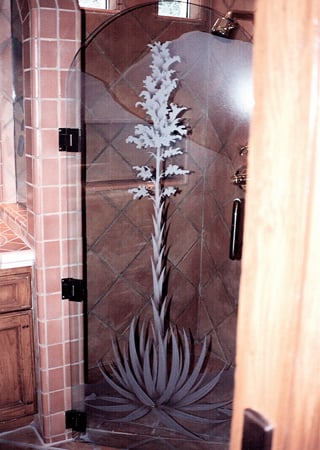 Shower Door with a sandblast Frosted Glass Foliage Design Custom-Designed Decorative Etched Glass