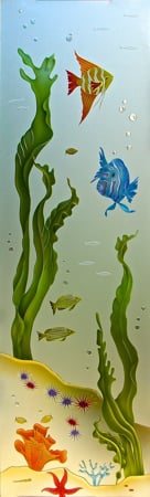 Door Glass Insert featuring a Frosted Glass Oceanic Design Sandblast Etched Glass Aquarium Fish Design by Sans Soucie