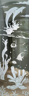 Handcrafted Etched Glass Interior Insert by Sans Soucie Art Glass with Custom Oceanic Design Called Aquarium Dolphins Creating Not Private