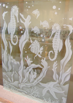 Handmade Sandblasted Frosted Glass Partition for Semi-Private Featuring a Oceanic Design Aquarium Fish by Sans Soucie