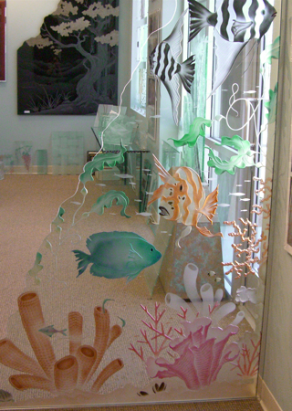 Shower Partition featuring a Frosted Glass Oceanic Design Sandblast Etched Glass Aquarium Fish Design by Sans Soucie