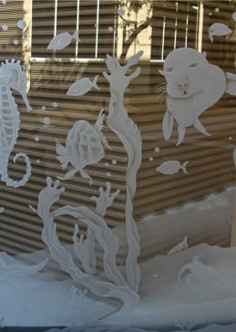 Art Glass Window Featuring Sandblast Frosted Glass by Sans Soucie for Semi-Private with Oceanic Aquarium Sea Lion Design