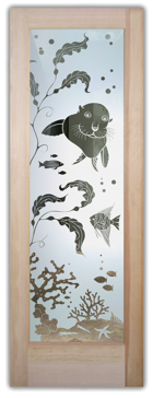 Art Glass Interior Door Featuring Sandblast Frosted Glass by Sans Soucie for Semi-Private with Oceanic Aquarium Sea Lion Design