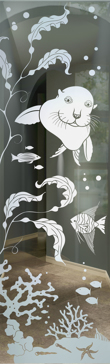 Art Glass Interior Insert Featuring Sandblast Frosted Glass by Sans Soucie for Not Private with Oceanic Aquarium Sea Lion Design